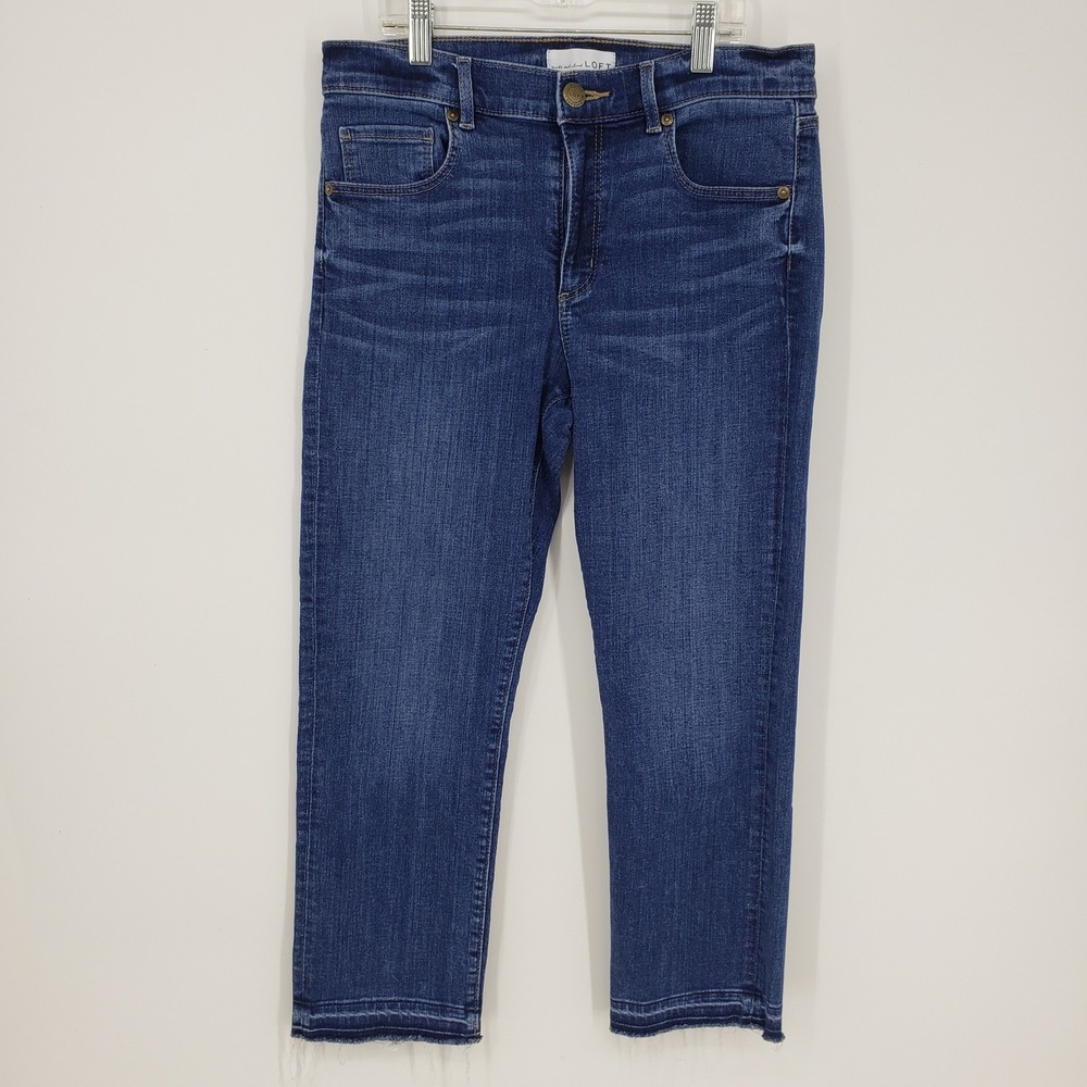 LOFT High Rise Straight Leg Crop Jean Raw Hem Medium Wash Blue Womens Size 6P 28